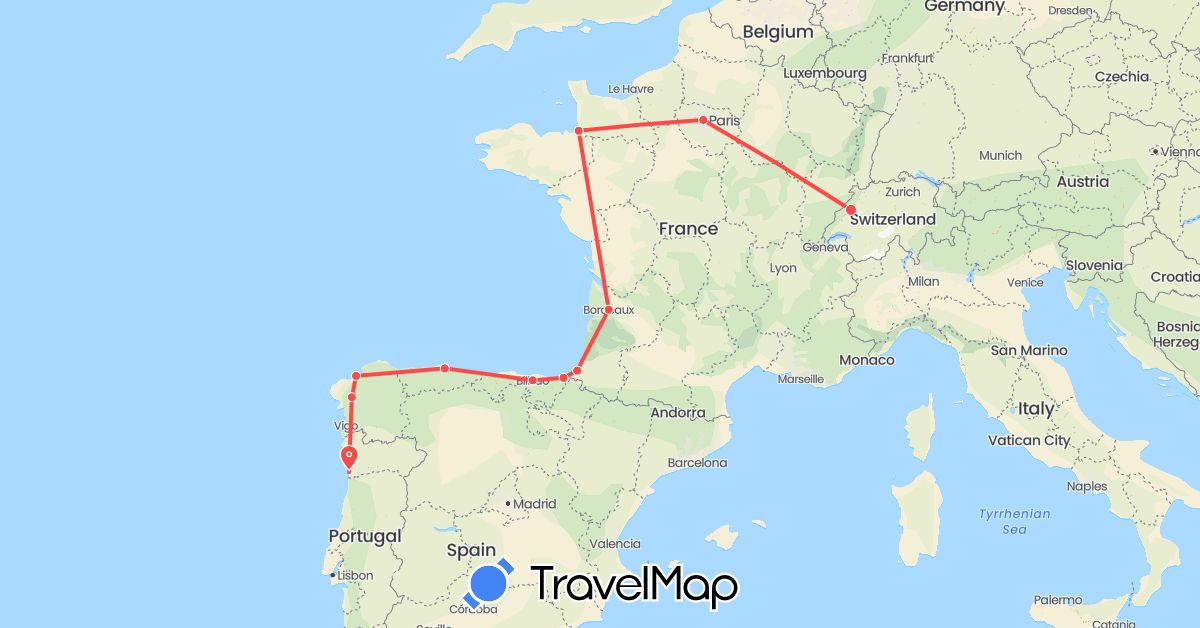 TravelMap itinerary: driving, hiking in Switzerland, Spain, France, Portugal (Europe)